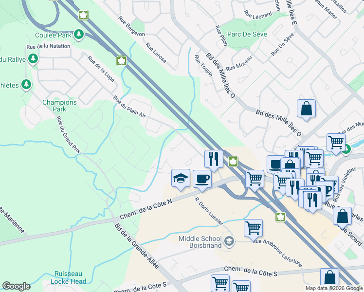 map of restaurants, bars, coffee shops, grocery stores, and more near 19752 Place de l'Aviron in Mirabel