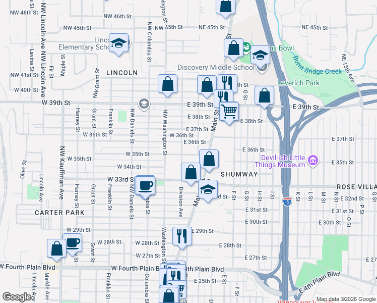 map of restaurants, bars, coffee shops, grocery stores, and more near 108 East 35th Street in Vancouver