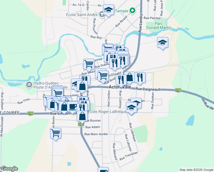 map of restaurants, bars, coffee shops, grocery stores, and more near 1130 Rue Daigneault in Acton Vale