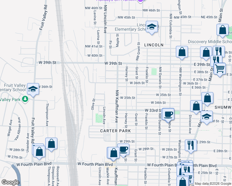 map of restaurants, bars, coffee shops, grocery stores, and more near 3510 Kauffman Avenue in Vancouver
