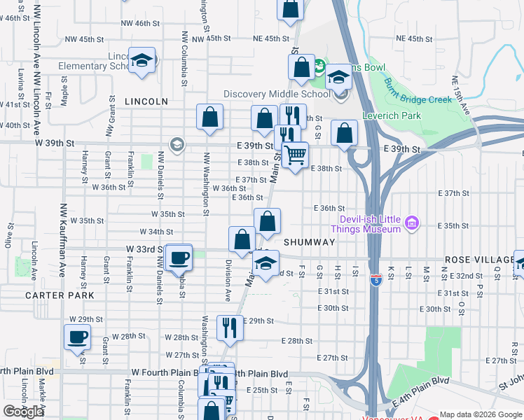 map of restaurants, bars, coffee shops, grocery stores, and more near 3506 Main Street in Vancouver