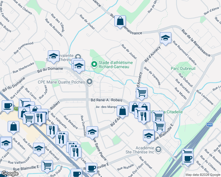 map of restaurants, bars, coffee shops, grocery stores, and more near 150 Rue Marcel-De la Sablonnière in Sainte-Thã©Rã¨Se