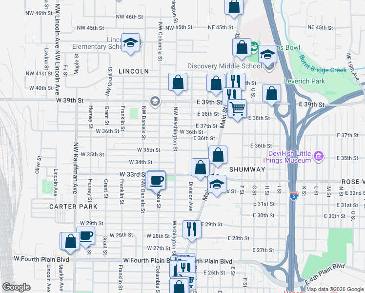 map of restaurants, bars, coffee shops, grocery stores, and more near 112 West 35th Street in Vancouver