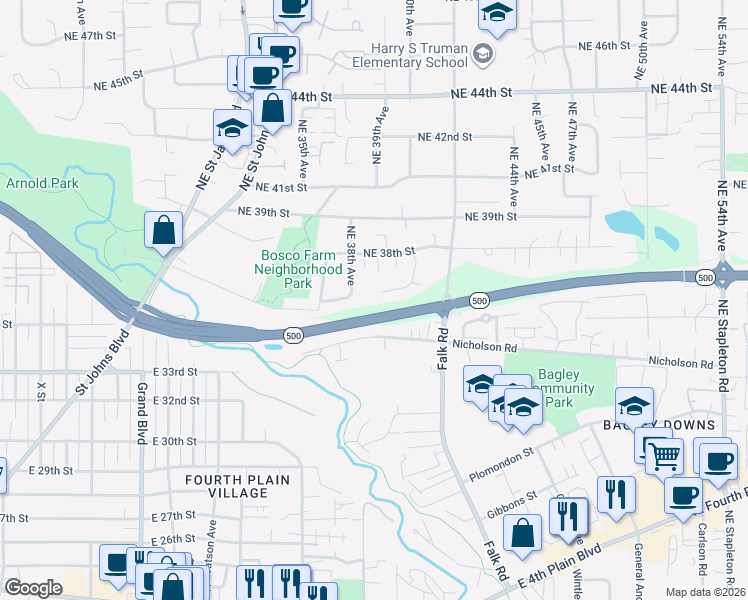 map of restaurants, bars, coffee shops, grocery stores, and more near 3903 Northeast 35th Circle in Vancouver