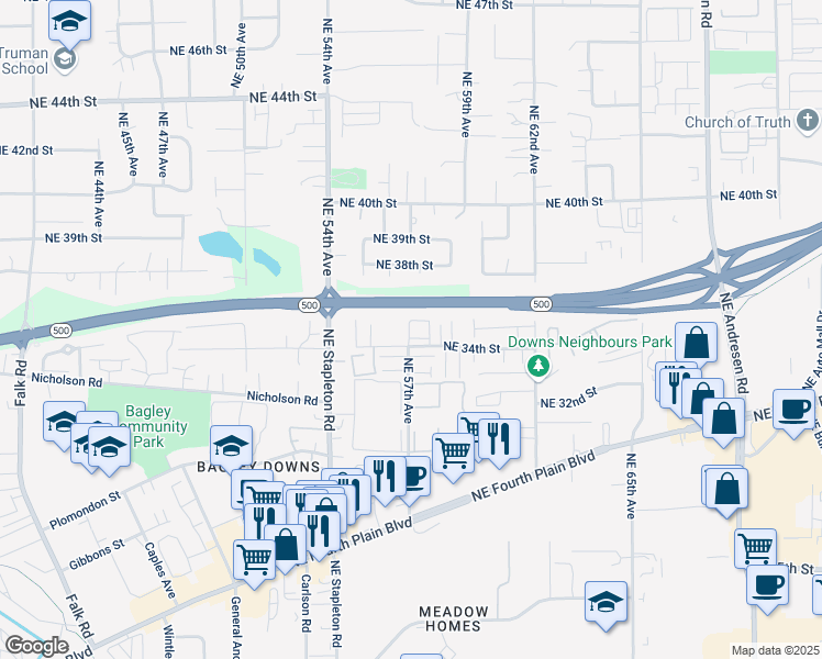 map of restaurants, bars, coffee shops, grocery stores, and more near 3341 Northeast 57th Avenue in Vancouver