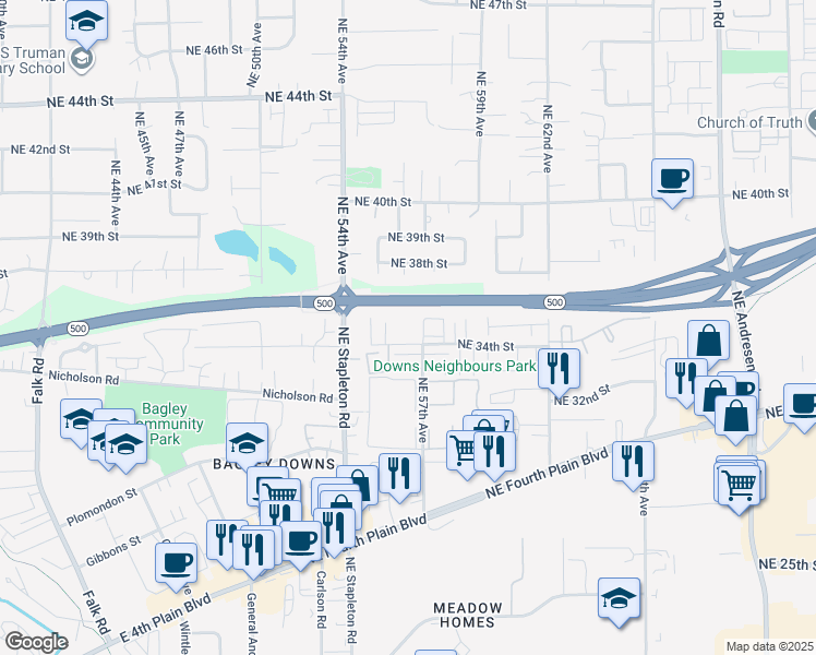 map of restaurants, bars, coffee shops, grocery stores, and more near 3340 Northeast 57th Avenue in Vancouver