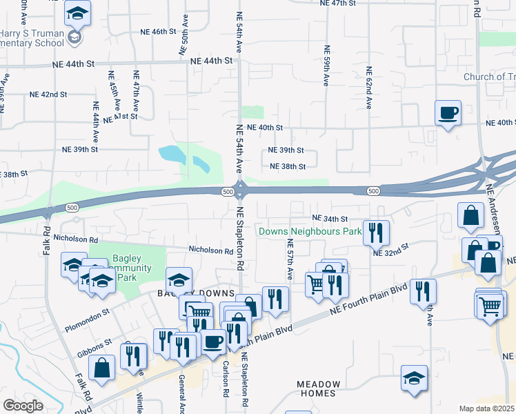 map of restaurants, bars, coffee shops, grocery stores, and more near 3403 Northeast Stapleton Road in Vancouver