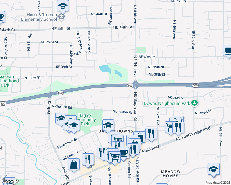 map of restaurants, bars, coffee shops, grocery stores, and more near 5105 Northeast 34th Street in Vancouver