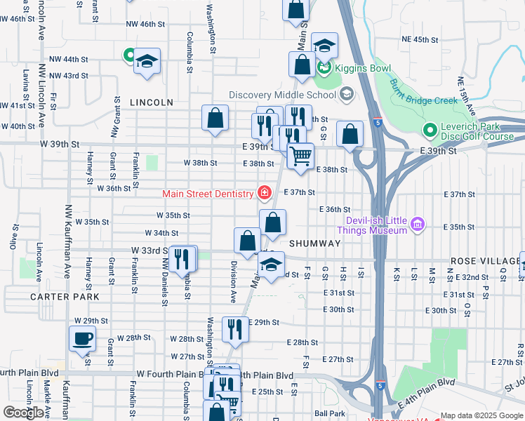 map of restaurants, bars, coffee shops, grocery stores, and more near 3400 Main Street in Vancouver