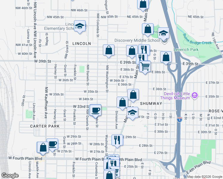map of restaurants, bars, coffee shops, grocery stores, and more near 117 West 35th Street in Vancouver