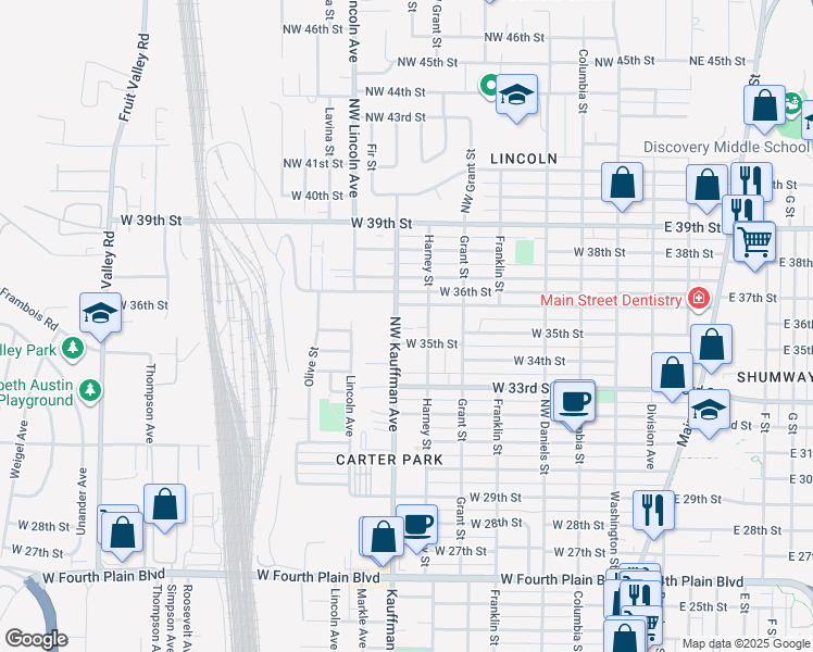map of restaurants, bars, coffee shops, grocery stores, and more near 3415 Kauffman Avenue in Vancouver