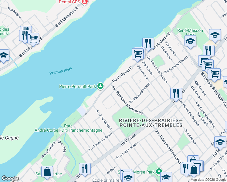 map of restaurants, bars, coffee shops, grocery stores, and more near 12740 Avenue Rita-Levi-Montalcini in Montréal