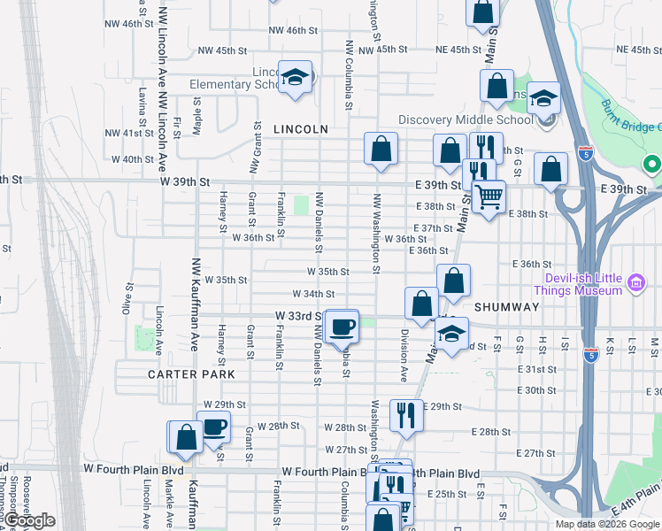 map of restaurants, bars, coffee shops, grocery stores, and more near 308 West 35th Street in Vancouver