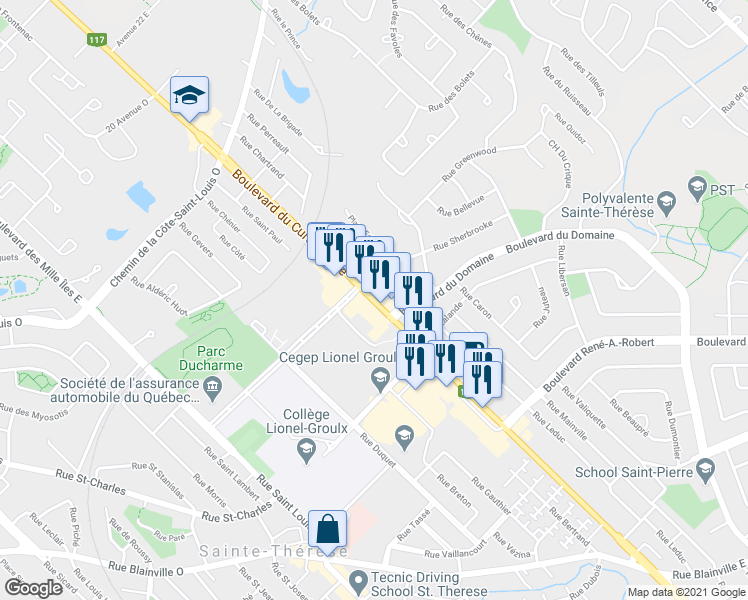 map of restaurants, bars, coffee shops, grocery stores, and more near 350 Boulevard Curé-Labelle in Sainte-Thérèse