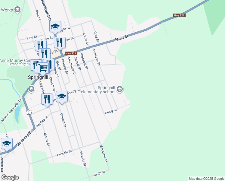 map of restaurants, bars, coffee shops, grocery stores, and more near 46 Princess Street in Springhill