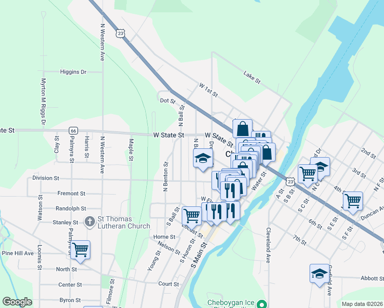 map of restaurants, bars, coffee shops, grocery stores, and more near 301-499 N Bailey St in Cheboygan