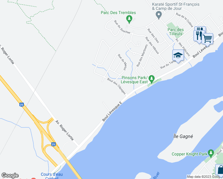 map of restaurants, bars, coffee shops, grocery stores, and more near 300 Boulevard des Cépages in Laval