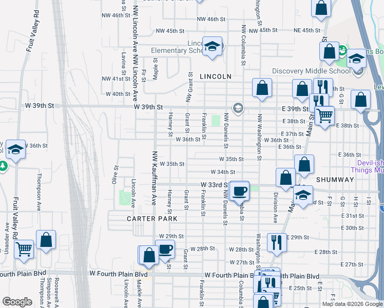 map of restaurants, bars, coffee shops, grocery stores, and more near 3515 Grant Street in Vancouver