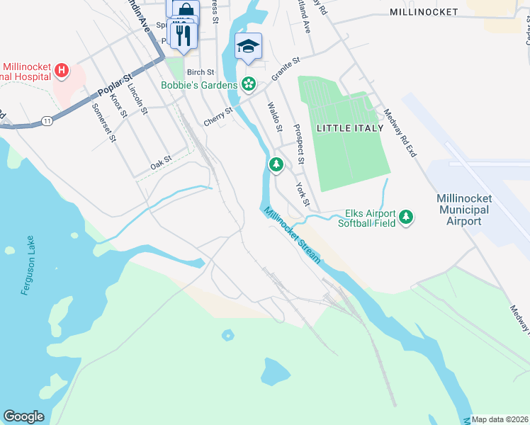 map of restaurants, bars, coffee shops, grocery stores, and more near York Street in Millinocket