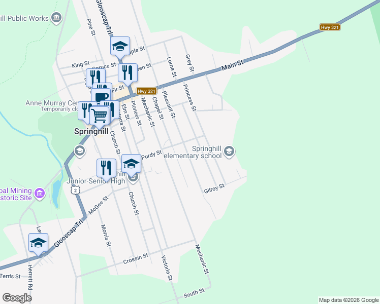 map of restaurants, bars, coffee shops, grocery stores, and more near 31 Saint James Street in Springhill