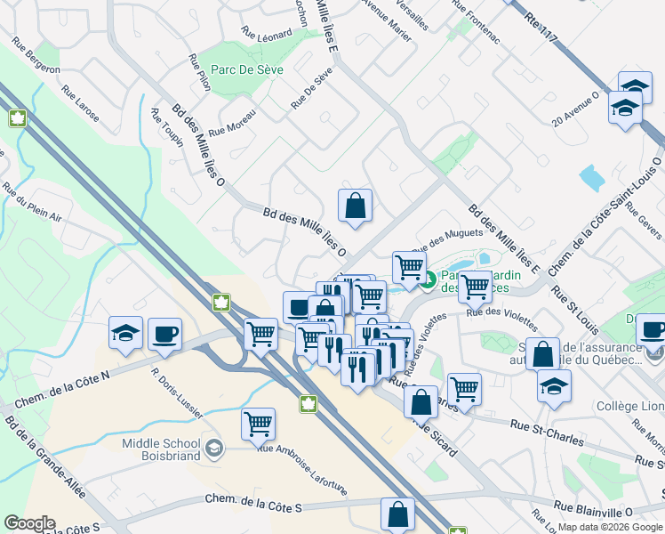 map of restaurants, bars, coffee shops, grocery stores, and more near 510 Boulevard du Côteau in Sainte-Thã©Rã¨Se