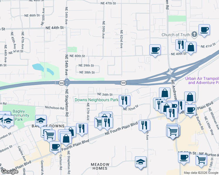map of restaurants, bars, coffee shops, grocery stores, and more near 6009 Northeast 35th Circle in Vancouver