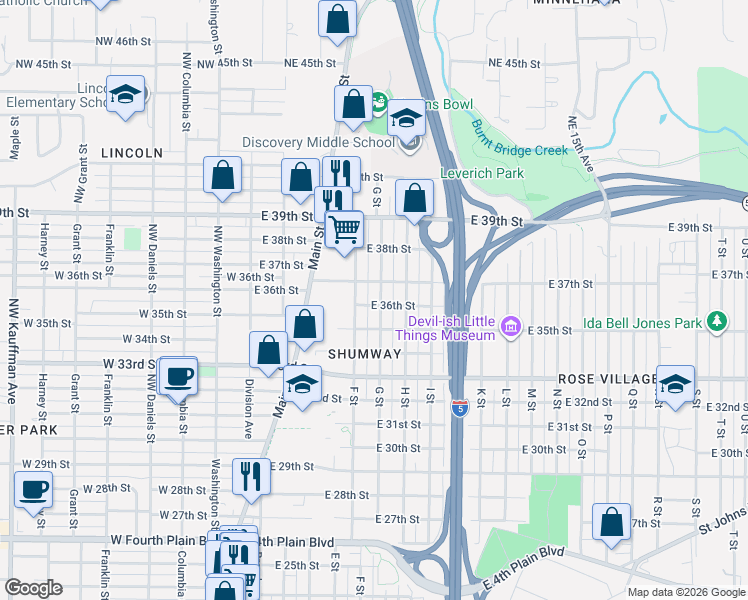 map of restaurants, bars, coffee shops, grocery stores, and more near 3700 G Street in Vancouver
