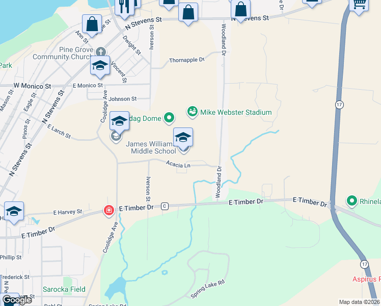 map of restaurants, bars, coffee shops, grocery stores, and more near 915 Acacia Lane in Rhinelander