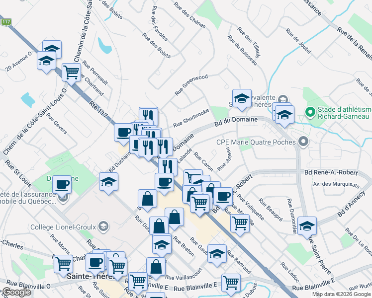 map of restaurants, bars, coffee shops, grocery stores, and more near 44 Rue Lalande in Sainte-Thérèse