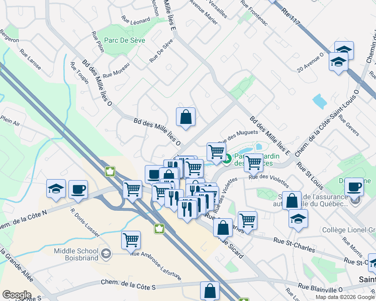 map of restaurants, bars, coffee shops, grocery stores, and more near 357 Boulevard du Côteau in Sainte-Thérèse