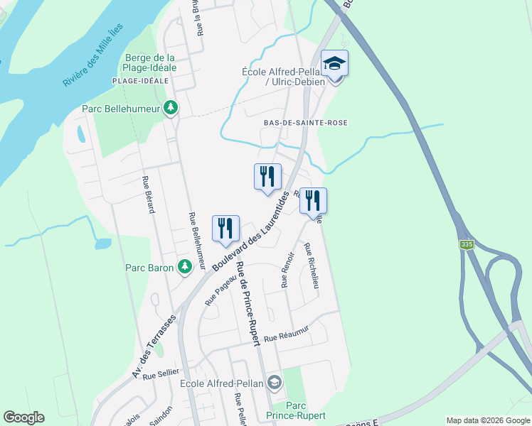 map of restaurants, bars, coffee shops, grocery stores, and more near 7524 Boulevard des Laurentides in Laval