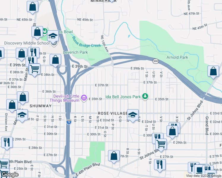 map of restaurants, bars, coffee shops, grocery stores, and more near 1600 East 37th Street in Vancouver