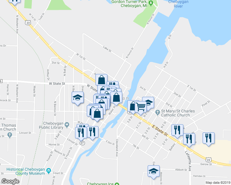 map of restaurants, bars, coffee shops, grocery stores, and more near 629 North Main Street in Cheboygan