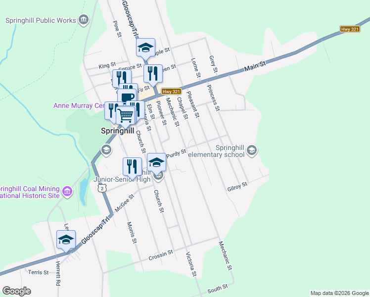 map of restaurants, bars, coffee shops, grocery stores, and more near 45 Mechanic Street in Springhill