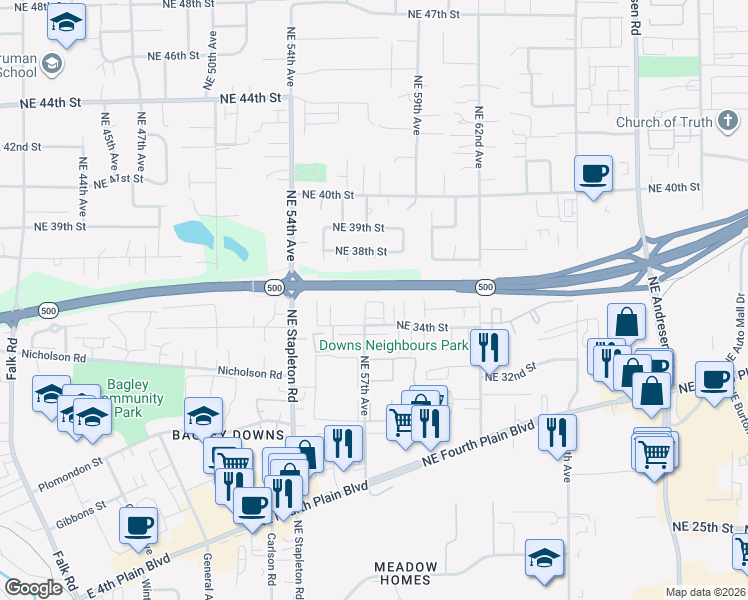map of restaurants, bars, coffee shops, grocery stores, and more near 5709 Northeast 38th Street in Vancouver