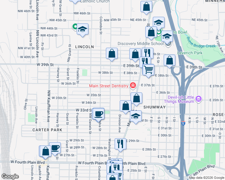 map of restaurants, bars, coffee shops, grocery stores, and more near 114 West 36th Street in Vancouver
