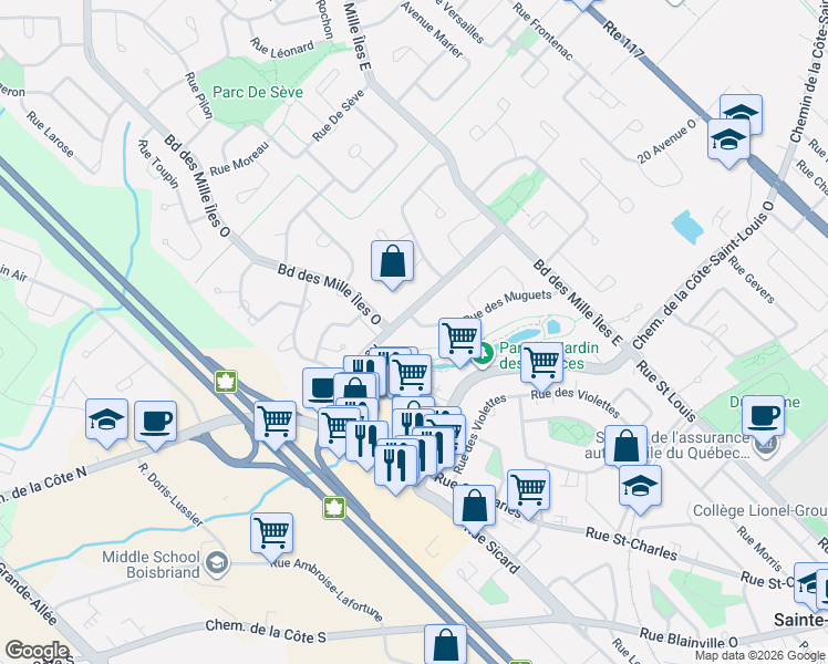 map of restaurants, bars, coffee shops, grocery stores, and more near 362 Rue des Muguets in Sainte-Thérèse