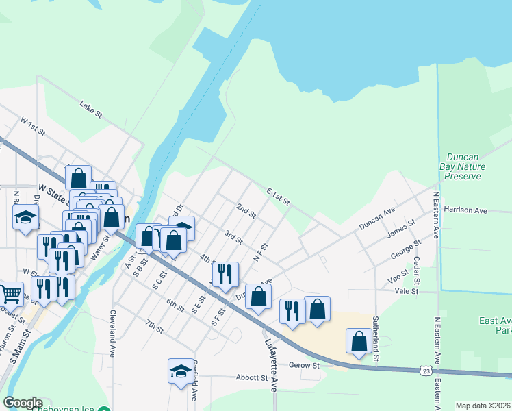 map of restaurants, bars, coffee shops, grocery stores, and more near 410 North D Street in Cheboygan
