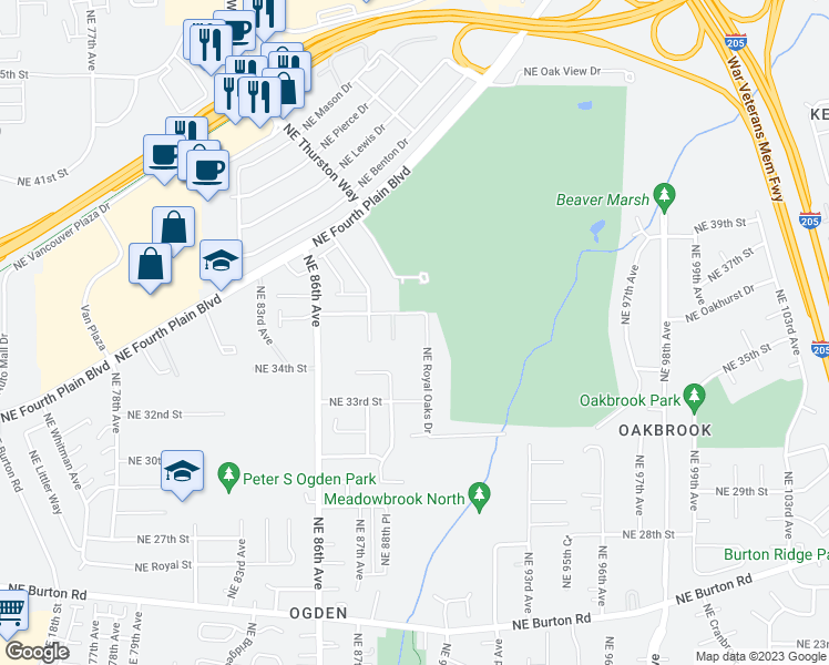 map of restaurants, bars, coffee shops, grocery stores, and more near 3504 Northeast Royal Oaks Drive in Vancouver