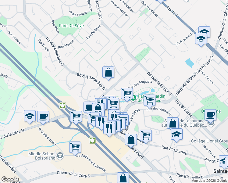 map of restaurants, bars, coffee shops, grocery stores, and more near 362 Rue des Muguets in Sainte-Thérèse