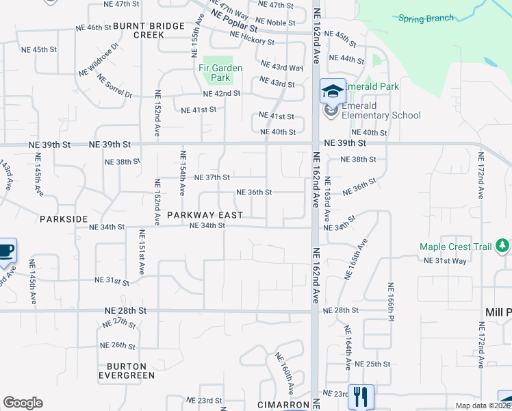 map of restaurants, bars, coffee shops, grocery stores, and more near 3520 Northeast 159th Avenue in Vancouver