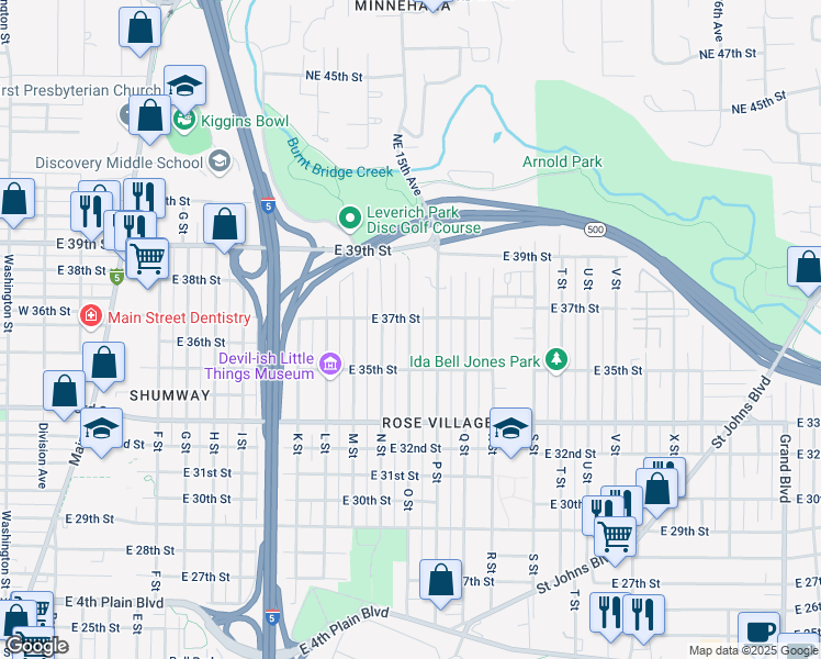 map of restaurants, bars, coffee shops, grocery stores, and more near 3708 O Street in Vancouver