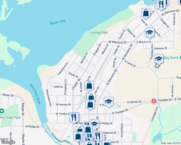 map of restaurants, bars, coffee shops, grocery stores, and more near 823 Mason Street in Rhinelander