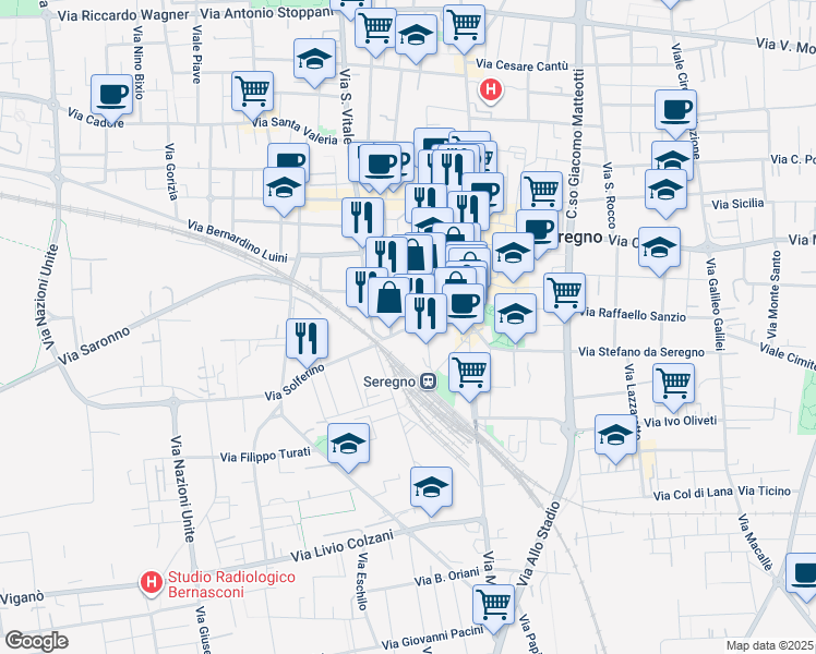 map of restaurants, bars, coffee shops, grocery stores, and more near 39-41 Via Alessandro Manzoni in Seregno