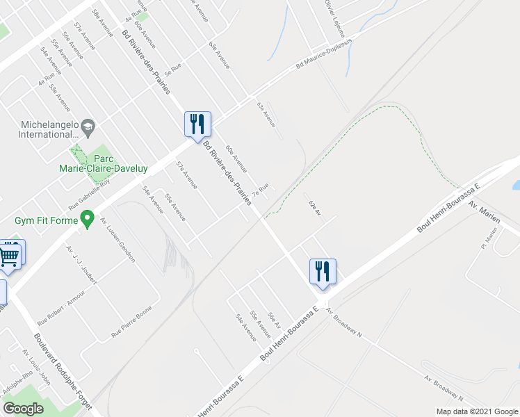 map of restaurants, bars, coffee shops, grocery stores, and more near 11615 Boulevard Rivière-des-Prairies in Montréal