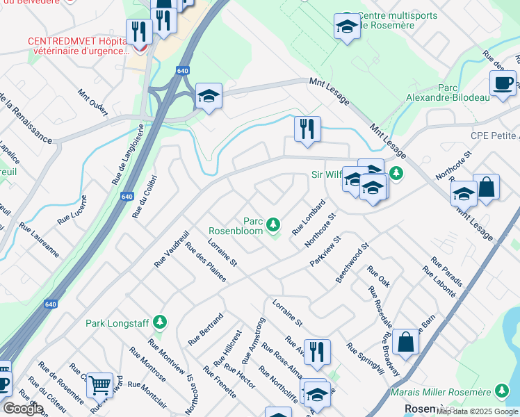 map of restaurants, bars, coffee shops, grocery stores, and more near 334 Rue des Prés in Rosemère