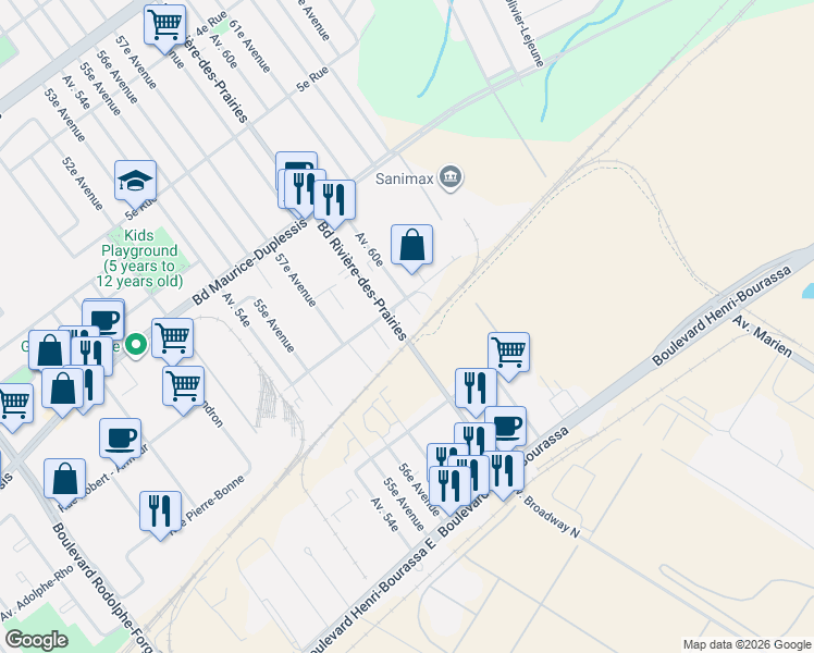 map of restaurants, bars, coffee shops, grocery stores, and more near 11615 Boulevard Rivière-des-Prairies in Montréal