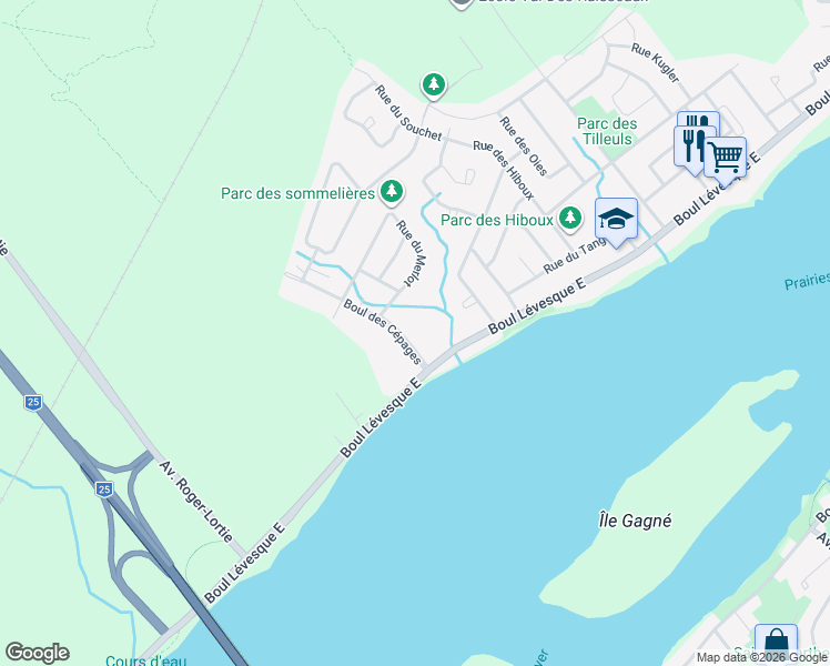 map of restaurants, bars, coffee shops, grocery stores, and more near 299 Boulevard des Cépages in Laval