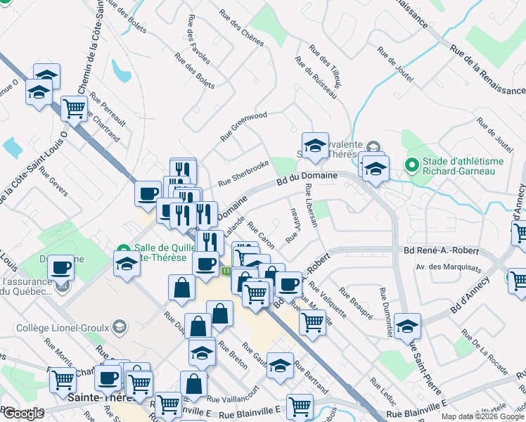 map of restaurants, bars, coffee shops, grocery stores, and more near 75 Rue Lalande in Sainte-Thérèse