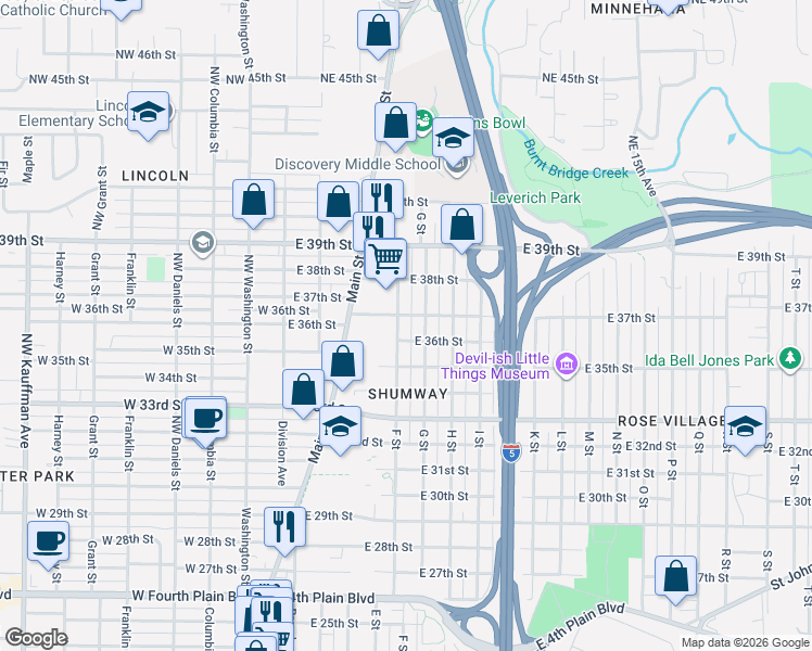 map of restaurants, bars, coffee shops, grocery stores, and more near 3700 G Street in Vancouver